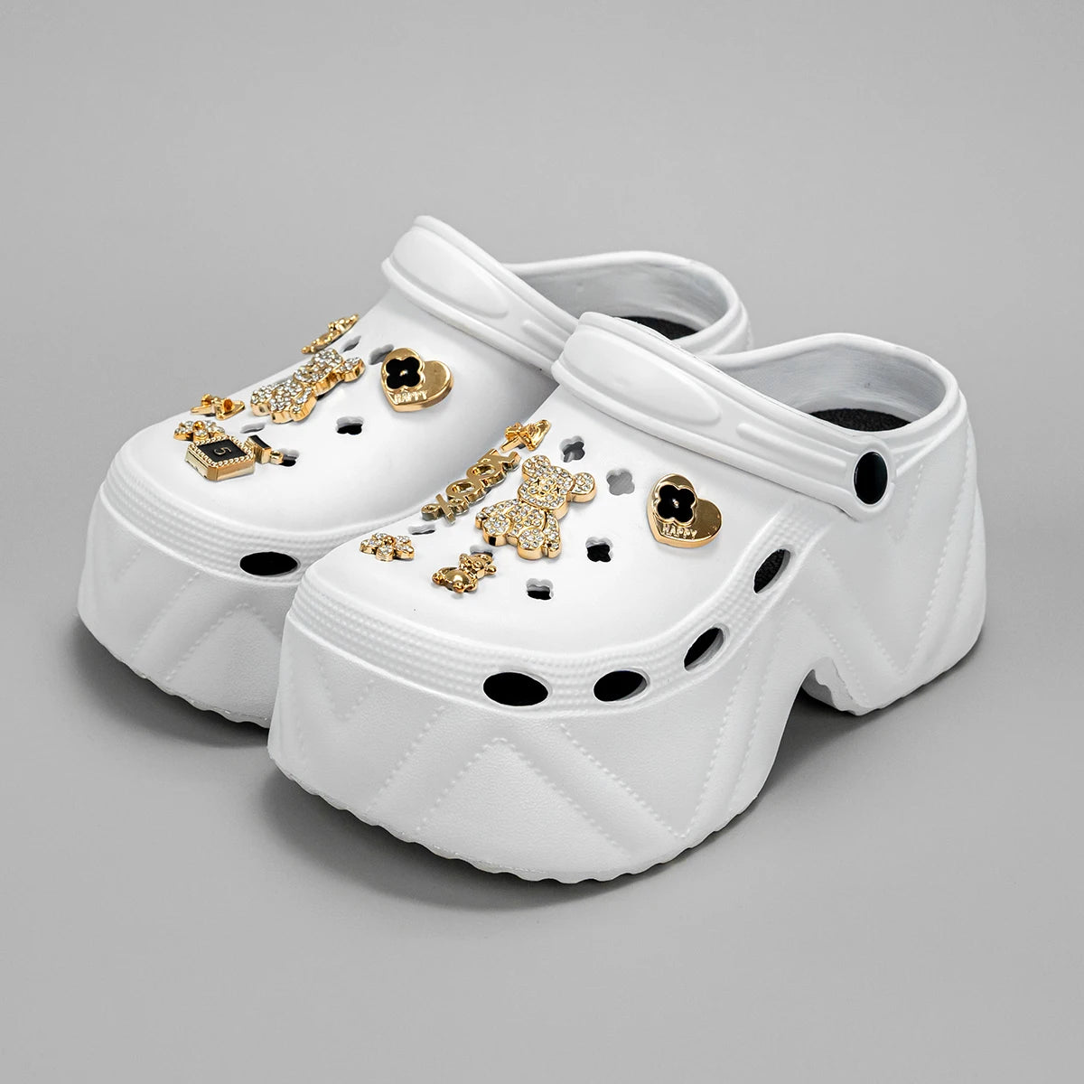 Gold Diamond Bear Clogs – Fashion High-Heel Imitation Leather Mules (X8809)