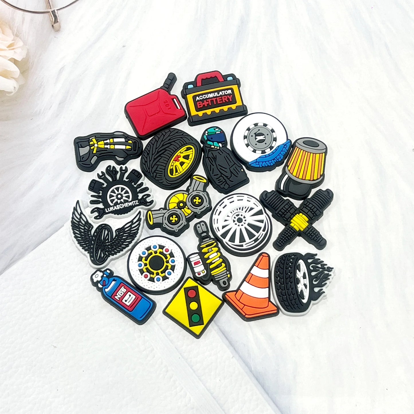 Car & Auto-Themed PVC Shoe Charms – Tyres, Seats & Oil Designs for Clogs & Sandals