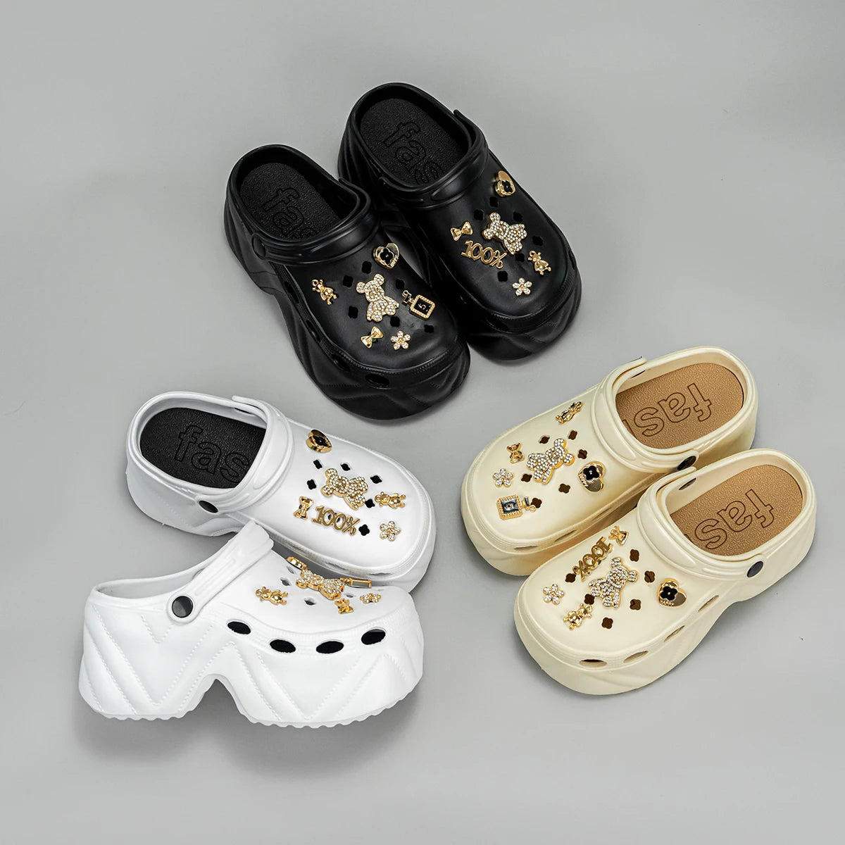 Gold Diamond Bear Clogs – Fashion High-Heel Imitation Leather Mules (X8809)