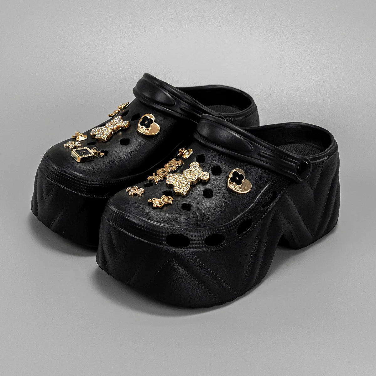 Gold Diamond Bear Clogs – Fashion High-Heel Imitation Leather Mules (X8809)