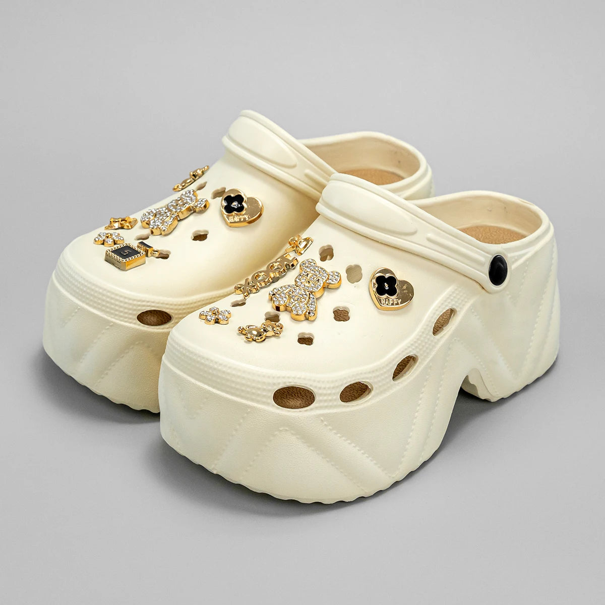 Gold Diamond Bear Clogs – Fashion High-Heel Imitation Leather Mules (X8809)
