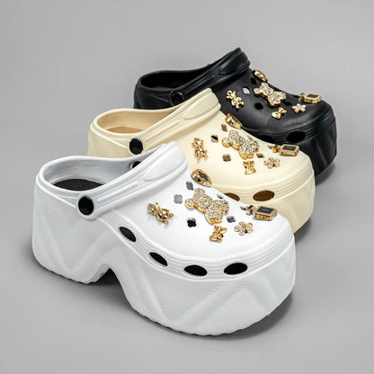 Gold Diamond Bear Clogs – Fashion High-Heel Imitation Leather Mules (X8809)